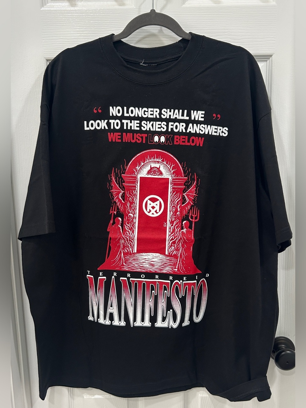 Black "Manifesto" Graphic Tee - Red & White Print